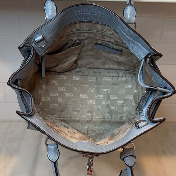 Michael Kors Hamilton Denim Pebbled Leather Convertible Satchel - Picture 12 of 16